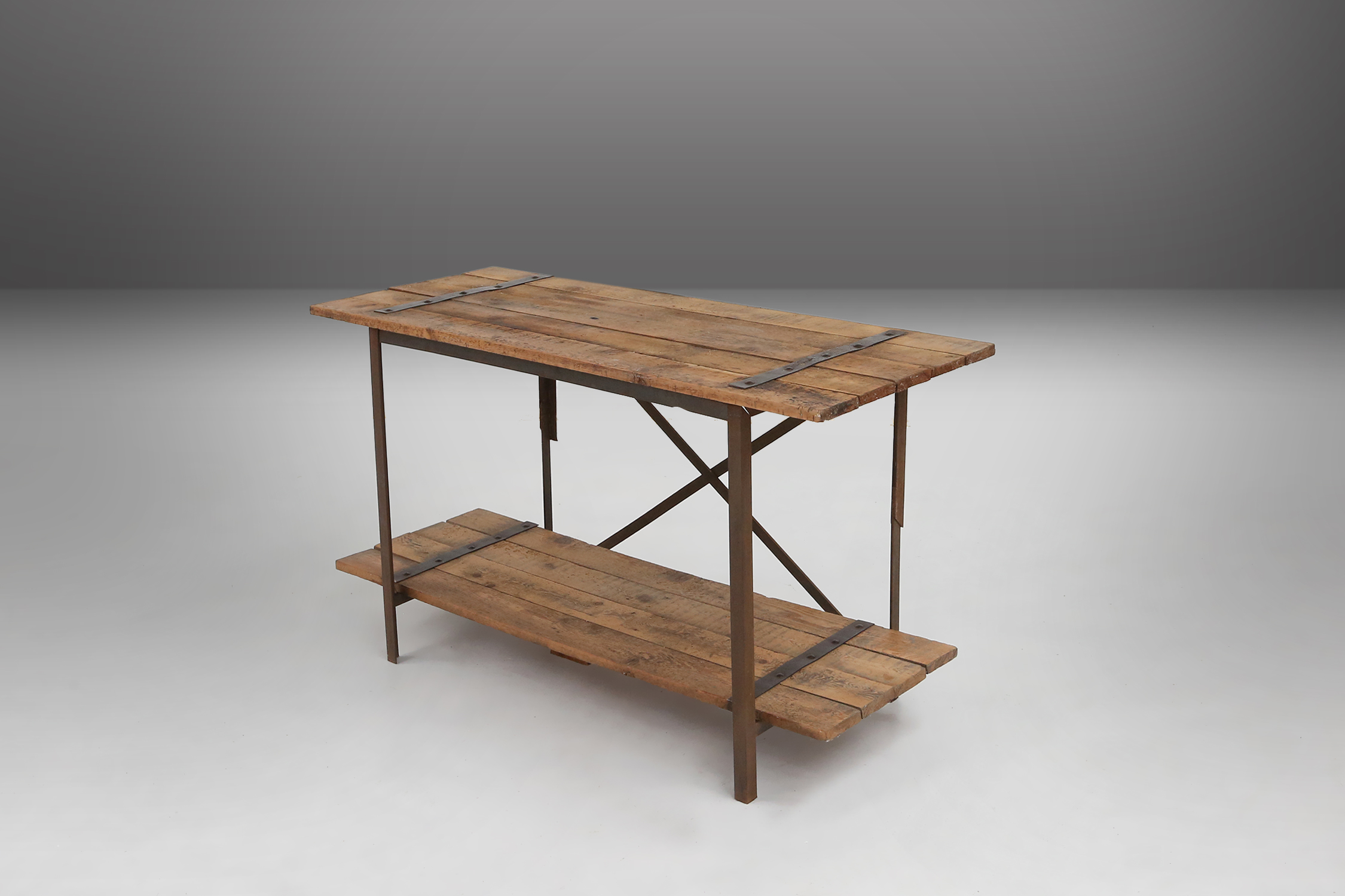  Industrial side tables with metal frame and wooden top and removable platform, Belgium, 1920thumbnail